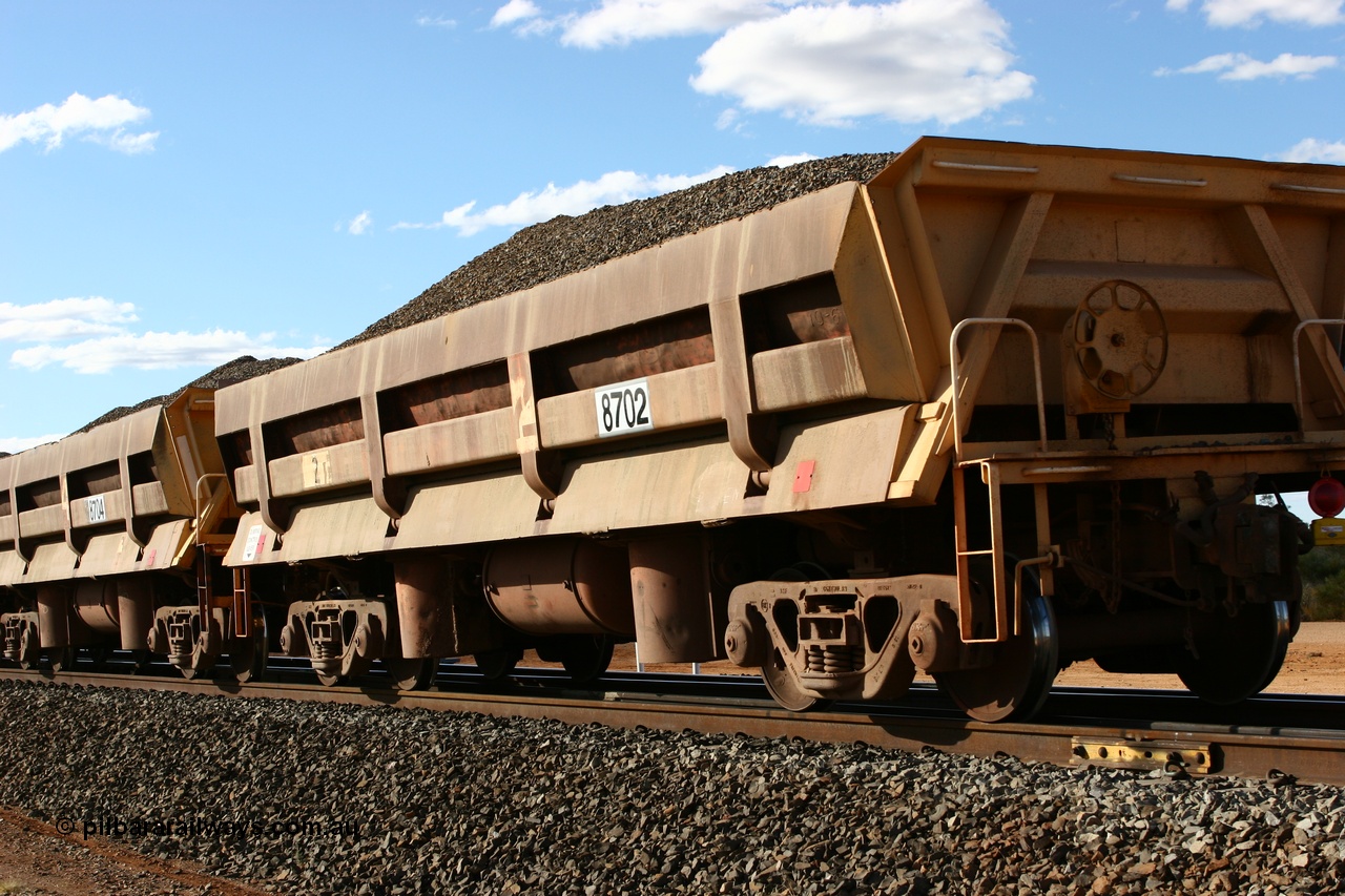 060618 6212
Abydos Siding, originally built by Difco USA for Goldsworthy Mining Ltd in 1967 as a batch of five, prefixed with 870 in BHP service, 8702 side dump waggon loaded with fines for pad capping.
Keywords: Difco-Ohio-USA;GML;BHP-ballast-waggon;