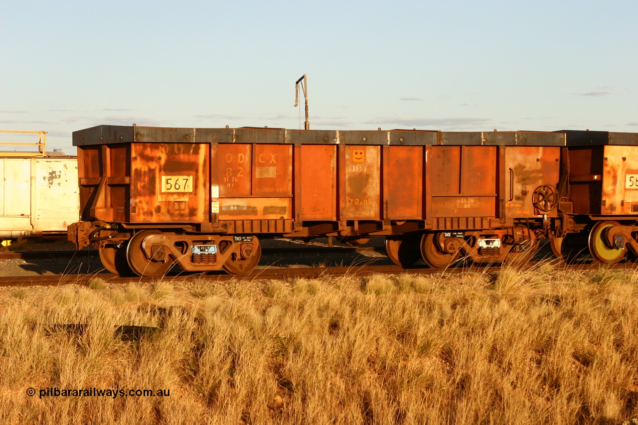 060618 6217
Flash Butt yard, modified original Magor USA built Oroville waggon 567, cut down and covered for use as indexing waggons at Finucane Island car dumpers, note the original ODCX marking visible.
Keywords: Magor-USA;Oroville;BHP-index-waggon;
