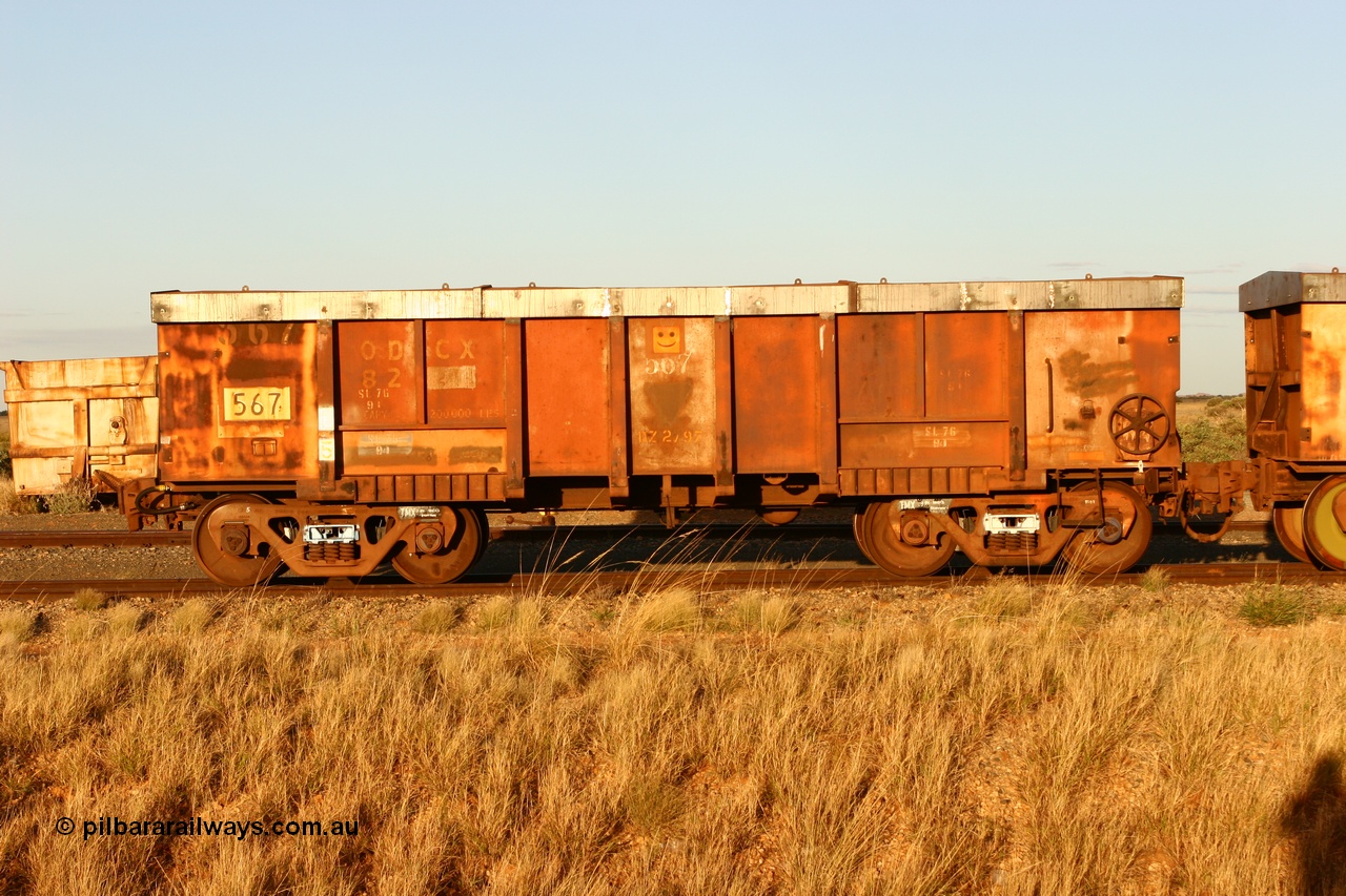 060618 6220
Flash Butt yard, modified original Magor USA built Oroville waggon 567, cut down and covered for use as indexing waggons at Finucane Island car dumpers, note the original ODCX marking visible.
Keywords: Magor-USA;Oroville;BHP-index-waggon;