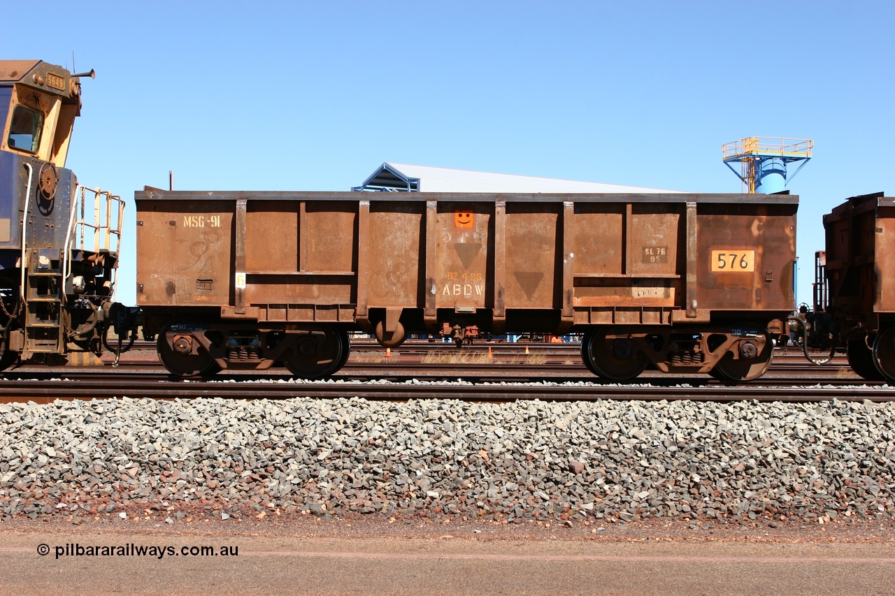060713 6545
Boodarie Yard, modified original Magor USA built Oroville waggon 576, cut down and covered and in use as indexing waggons on the front of each rake for Finucane Island car dumpers, note the original ODCX marking visible.
Keywords: Magor-USA;Oroville;BHP-index-waggon;