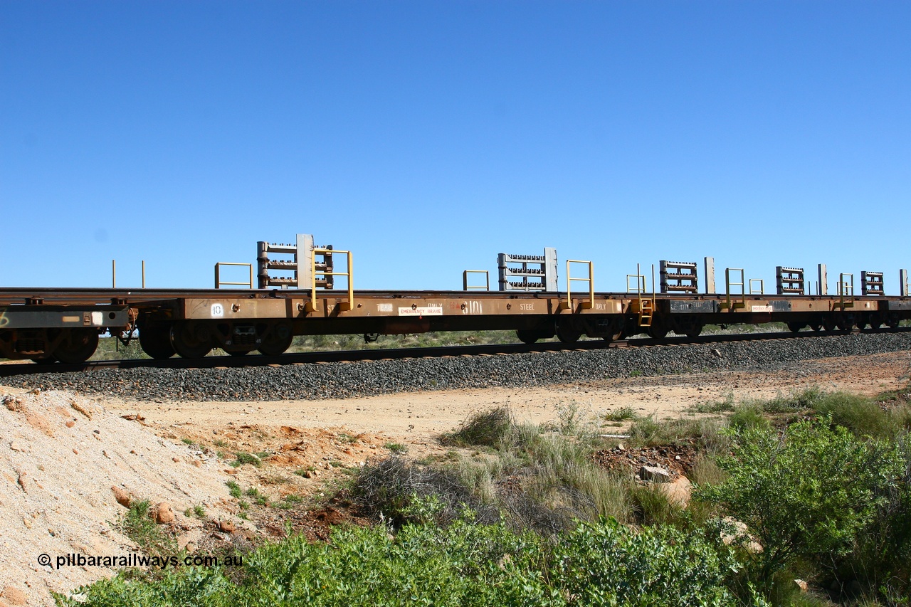 080621 2715
Tabba South, one of a batch of six flat waggons converted by Mt Newman Mining workshops by cutting down a pair of ore waggons to make one flat waggon, 6101 in service with the rail recovery and transport train as waggon #7.
Keywords: Mt-Newman-Mining-WS;Magor-USA;BHP-rail-train;