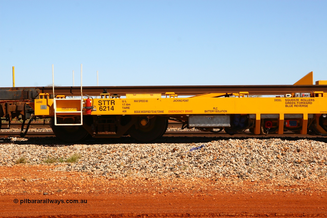 080621 2729
Gillman Siding, new Lead-Off Lead-On waggon STTR class STTR 6214 on the end of the Steel Train or rail recovery and transport train, built by Gemco Rail WA, detail of A end.
Keywords: Gemco-Rail-WA;BHP-rail-train;STTR-type;STTR6214;