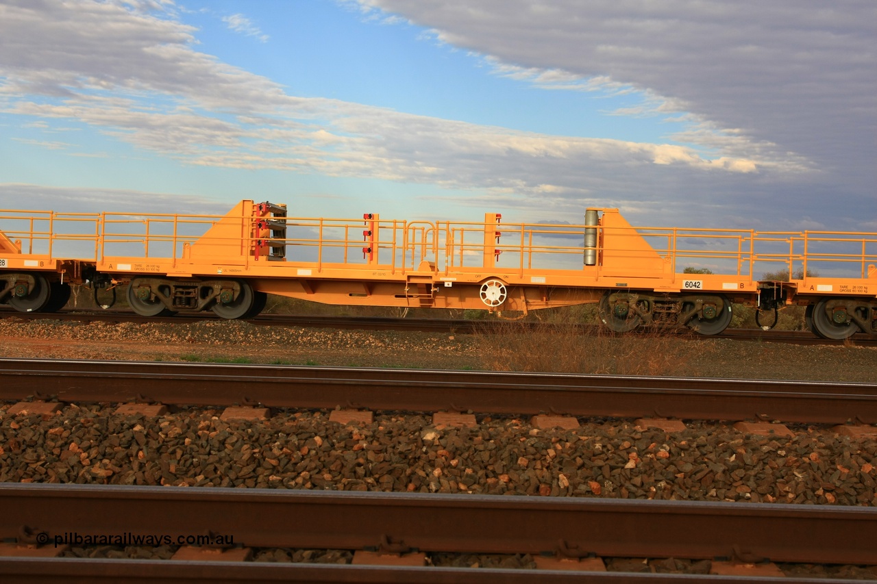 100717 0658
Flash Butt yard, new rail stock carrier waggon 6042, built by Gemco Rail in late 2009-10 with Barber bogies.
Keywords: Gemco-Rail-WA;BHP-rail-train;