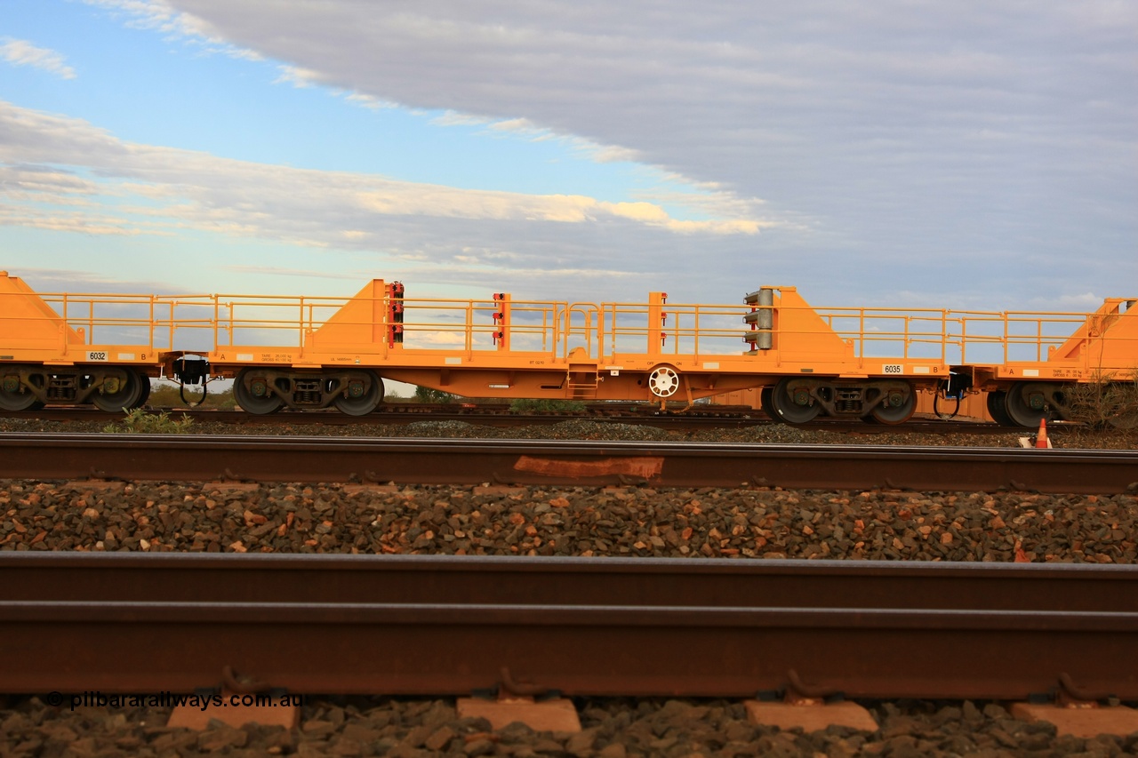 100717 0678
Flash Butt yard, new rail stock carrier waggon 6035, built by Gemco Rail in late 2009-10 with Barber bogies.
Keywords: Gemco-Rail-WA;BHP-rail-train;