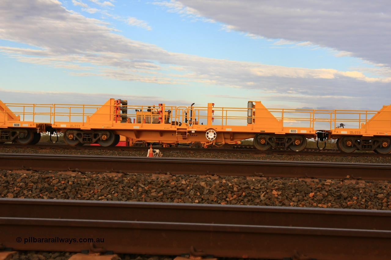 100717 0681
Flash Butt yard, new rail stock carrier waggon 6033, built by Gemco Rail in late 2009-10 with Barber bogies.
Keywords: Gemco-Rail-WA;BHP-rail-train;