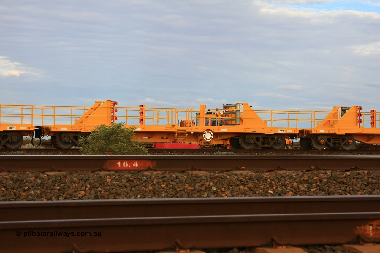 100717 0683
Flash Butt yard, new rail stock carrier waggon 6038, built by Gemco Rail in late 2009-10 with Barber bogies.
Keywords: Gemco-Rail-WA;BHP-rail-train;