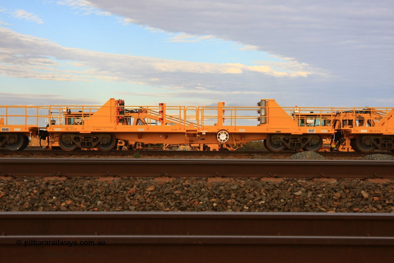 100717 0684
Flash Butt yard, new rail stock carrier waggon 6037, built by Gemco Rail in late 2009-10 with Barber bogies.
Keywords: Gemco-Rail-WA;BHP-rail-train;