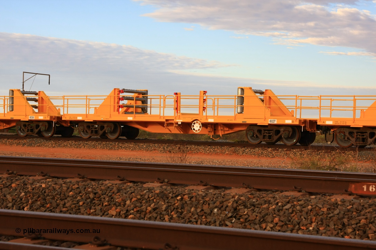 100717 0693
Flash Butt yard, new rail stock carrier waggon 6027, built by Gemco Rail in late 2009-10 with Barber bogies.
Keywords: Gemco-Rail-WA;BHP-rail-train;