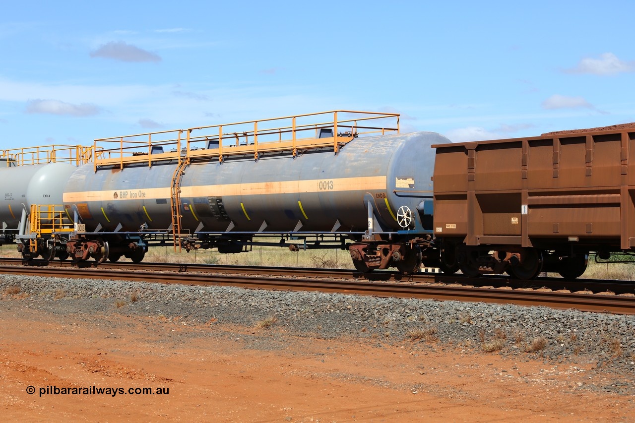 150314 7739
Bing Siding, empty 116 kL Comeng WA built tank waggon 0013 from 1974-5, one of six such tank waggons.
Keywords: Comeng-WA;BHP-tank-waggon;