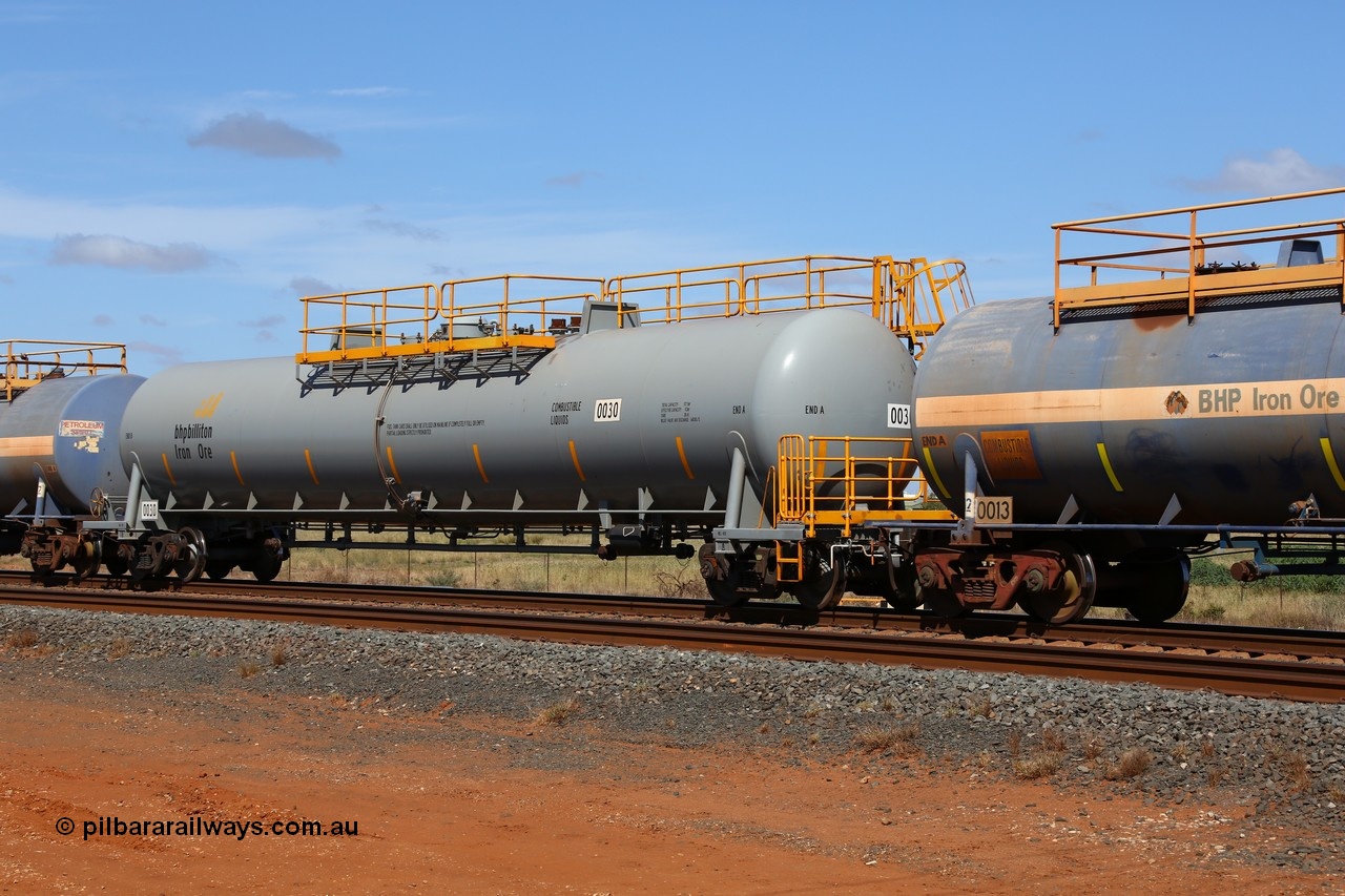 150314 7740
Bing Siding, empty 116 kL CNR-QRRS of China built tank waggon 0030, the final member of a batch of ten built in 2014.
Keywords: CNR-QRRS-China;BHP-tank-waggon;