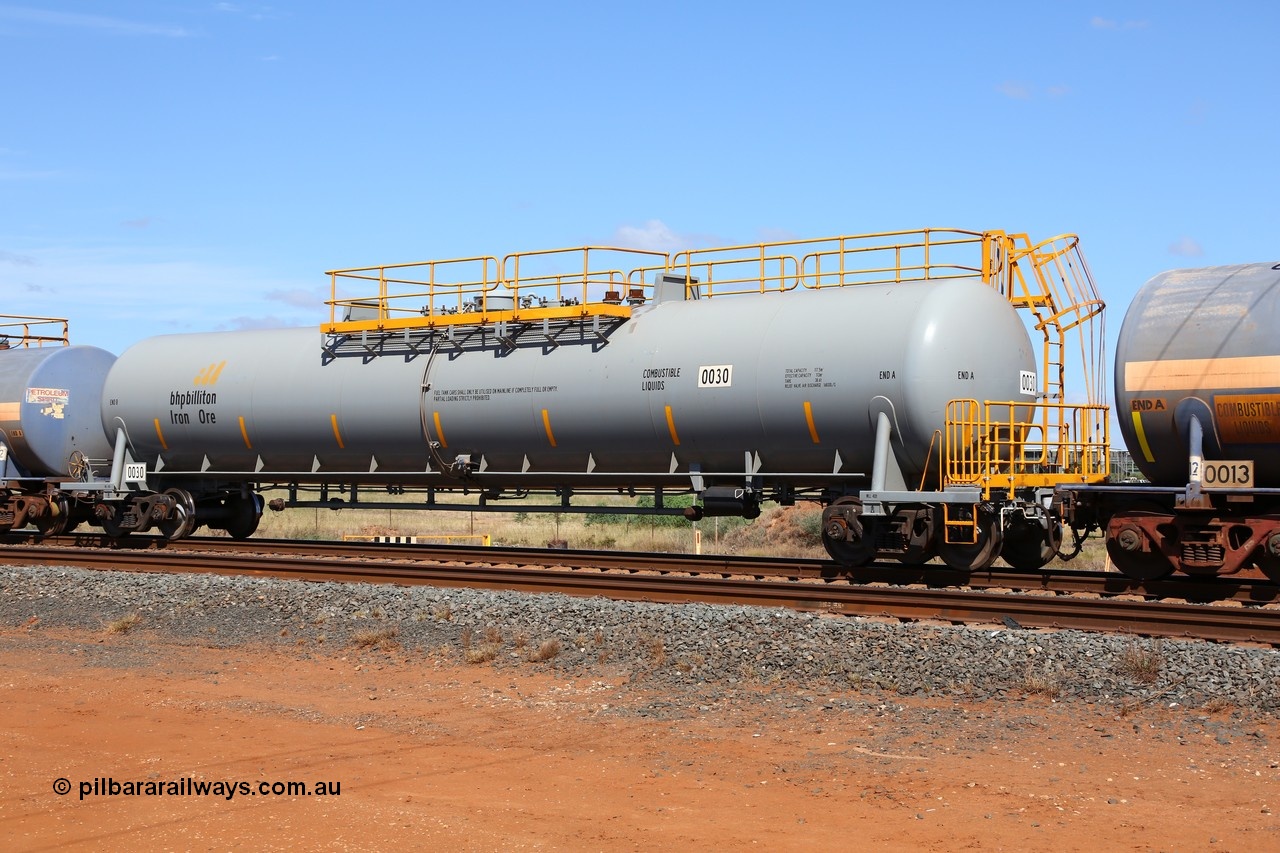 150314 7741
Bing Siding, empty 116 kL CNR-QRRS of China built tank waggon 0030, the final member of a batch of ten built in 2014.
Keywords: CNR-QRRS-China;BHP-tank-waggon;