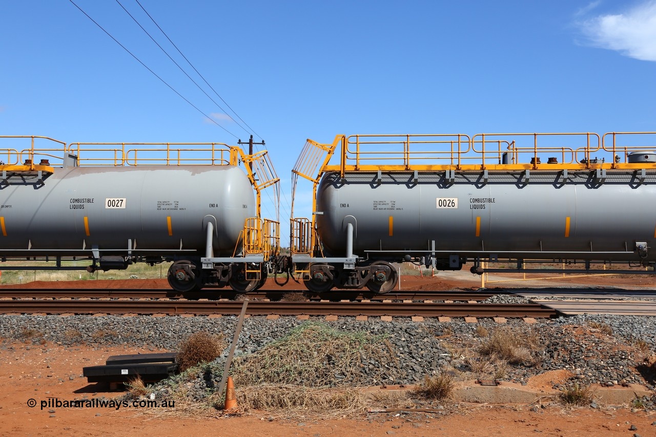 150314 7749
Bing Siding, empty 116 kL CNR-QRRS of China built tank waggons 0026 and 0027, both A ends, both from a batch of ten built in 2014.
Keywords: CNR-QRRS-China;BHP-tank-waggon;