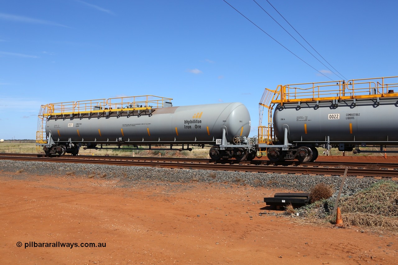 150314 7755
Bing Siding, empty 116 kL CNR-QRRS of China built tank waggon 0021, class leader of a batch of ten built in 2014.
Keywords: CNR-QRRS-China;BHP-tank-waggon;