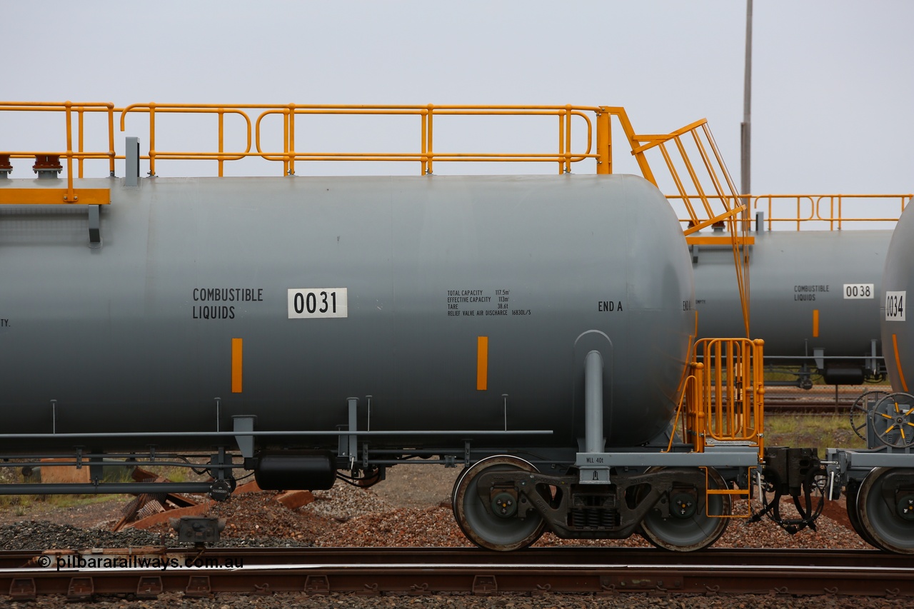 150523 8213
Nelson Point, empty 116 kL CNR-QRRS of China built tank waggon 0031, class leader of a second batch delivered in 2015, detail view of A end.
Keywords: CNR-QRRS-China;BHP-tank-waggon;