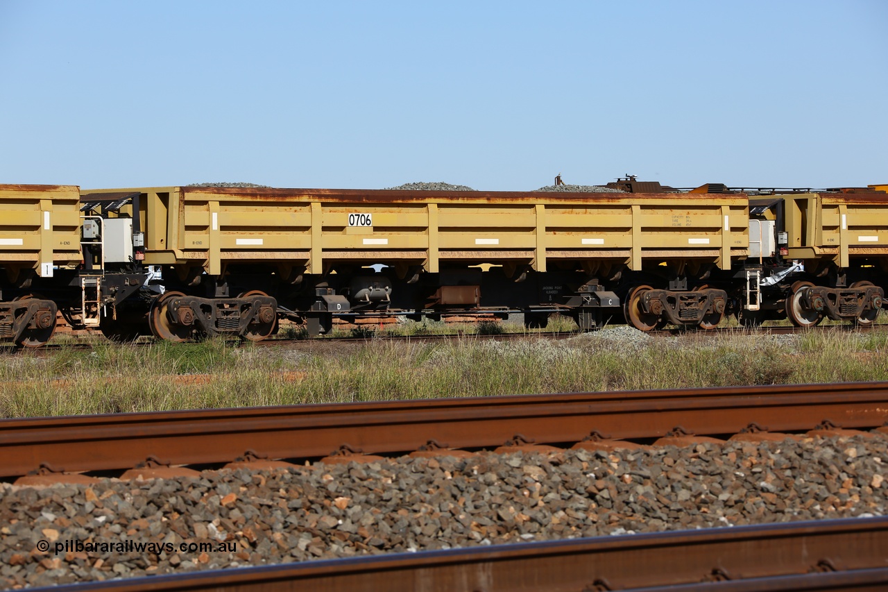 150619 9076
Flash Butt yard, CNR-QRRS of China built side dump waggons, built and delivered around 2011-12, waggon 0706 loaded with fines for sheeting.
Keywords: CNR-QRRS-China;BHP-ballast-waggon;