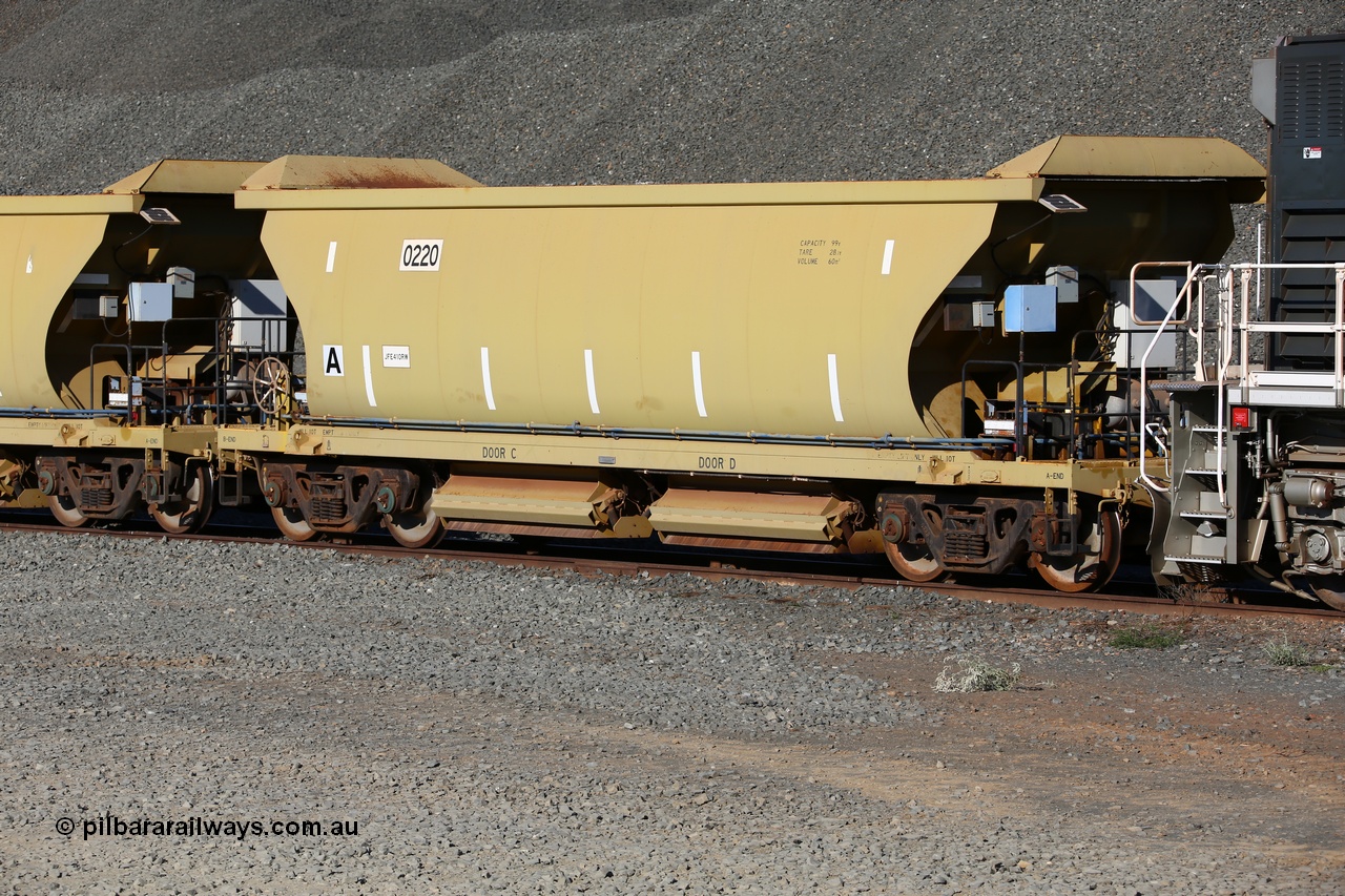 150620 9327
Quarry 8 ballast loading area, CNR-QRRS of China built 99 tonne ballast waggon 0220 waits to be loaded.
Keywords: CNR-QRRS-China;BHP-ballast-waggon;