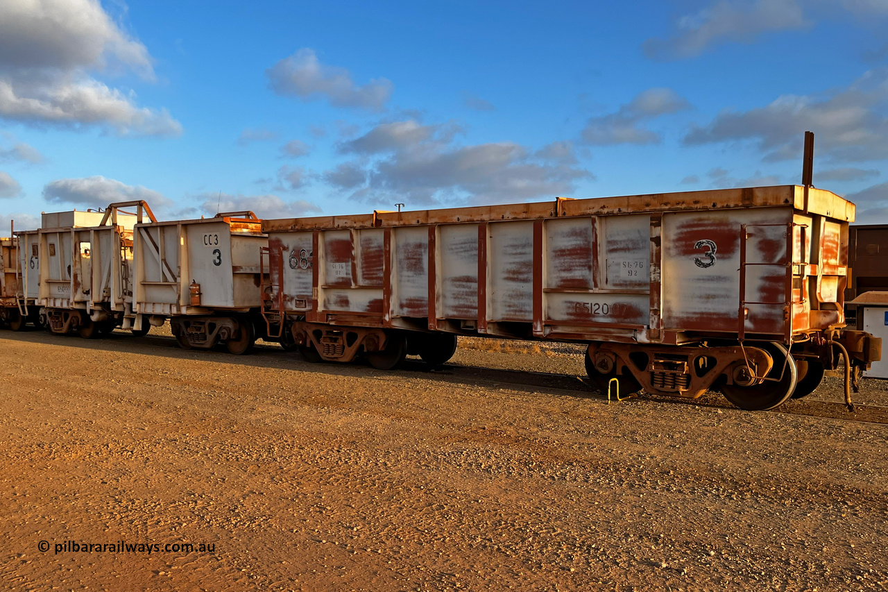 CC3 Mt Newman Mining Workshops 231130 6559
Compressor waggon set No. 3, consisting of a weighted 'ballast' waggon closest to camera and the compressor car. Modified from former original Magor USA build ore waggons 673 and 684 and used on the end of rakes to keep the brakes of as they are run through the dumpers.
Keywords: Magor-USA;BHP-compressor-set;