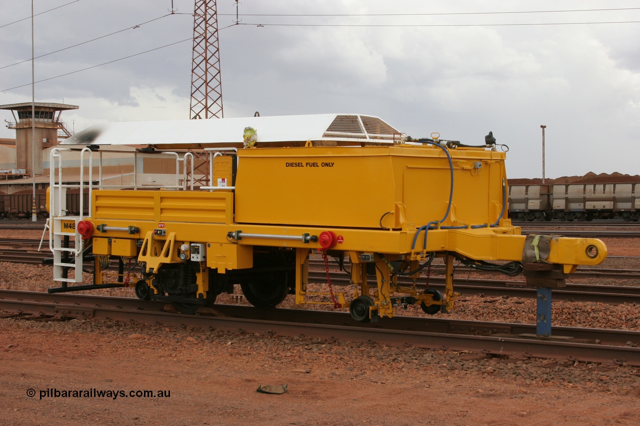 050407 0379
Nelson Point yard hard stand area sees brand new having only been delivered, BHP track tamper support trailer for Tamper 3 which will arrive in a couple of days. Plasser Australia 09-3X model with serial M480. 7th April 2005.
Keywords: Tamper3;Plasser-Australia;09-3X;M480;track-machine;