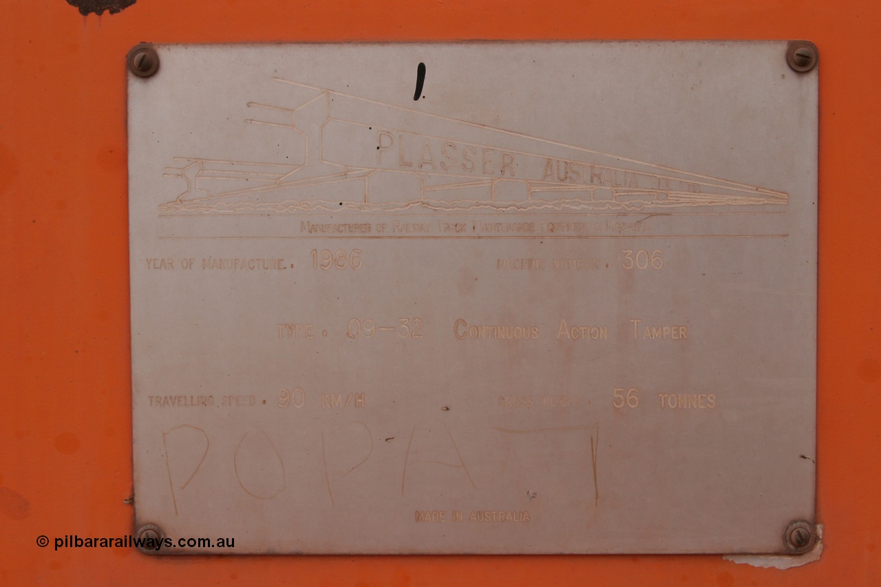 050412 0809
Abydos Siding backtrack, builders plate of BHP's Mainline Tamper 1, a Plasser Australia 09-32 CAT model tamper serial 306 built in 1986. 12th April 2005.
Keywords: Tamper1;Plasser-Australia;09-32-CAT;306;track-machine;