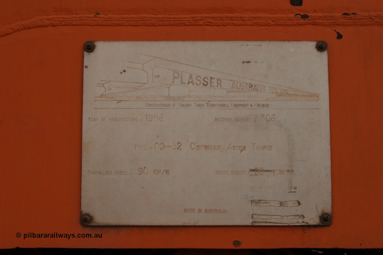 050412 0821
Abydos Siding backtrack, builders plate of BHP's Mainline Tamper 1, a Plasser Australia 09-32 CAT model tamper serial 306 built in 1986. 12th April 2005.
Keywords: Tamper1;Plasser-Australia;09-32-CAT;306;track-machine;