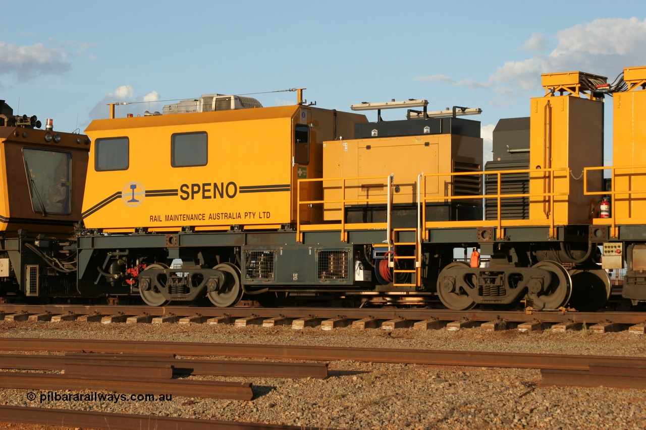 050414 0949
Flash Butt yard, Speno Australia's RR24 model 24 stone rail grinder serial M20 before it had id stickers fitted, this unit was later stickered as RG 1, rear view of the air compressor and driving module. 14th April 2005.
Keywords: Speno;RR24;M20;track-machine;