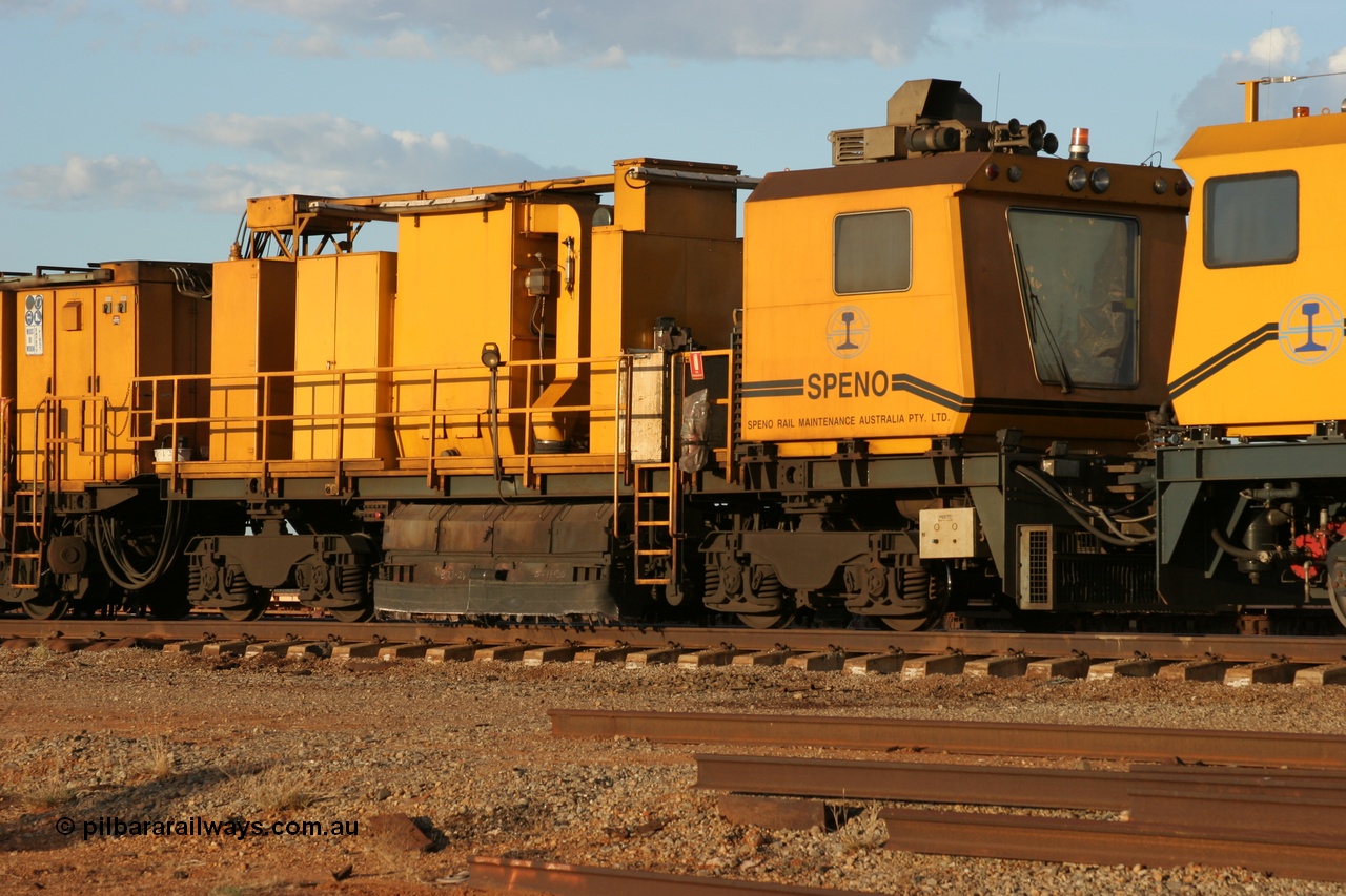 050414 0950
Flash Butt yard, Speno Australia's 24 stone rail grinder before they had id stickers fitted, this front unit was later stickered as RG 2, view of the driving cab on the third grinding module. 14th April 2005.
Keywords: Speno;RR24;track-machine;
