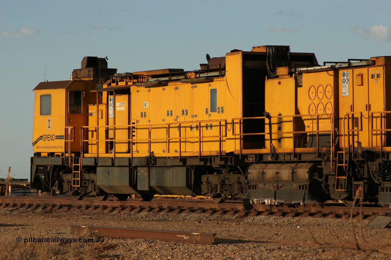 050414 0951
Flash Butt yard, Speno Australia's 24 stone rail grinder before they had id stickers fitted, this front unit was later stickered as RG 2, rear view of the driving cab and generator module with the first grinding module. 14th April 2005.
Keywords: Speno;RR24;track-machine;