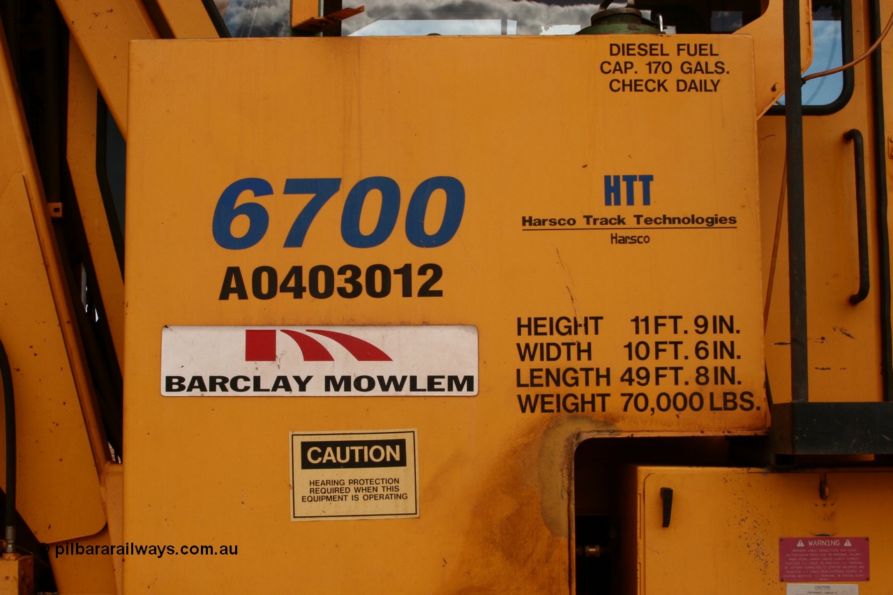 050421 1176
Abydos Siding backtrack, Barclay Mowlem track tamper a Fairmont Jackson model 6700 tamper number board detail view. 21st April 2005.
Keywords: Jackson;6700;153172;track-machine;