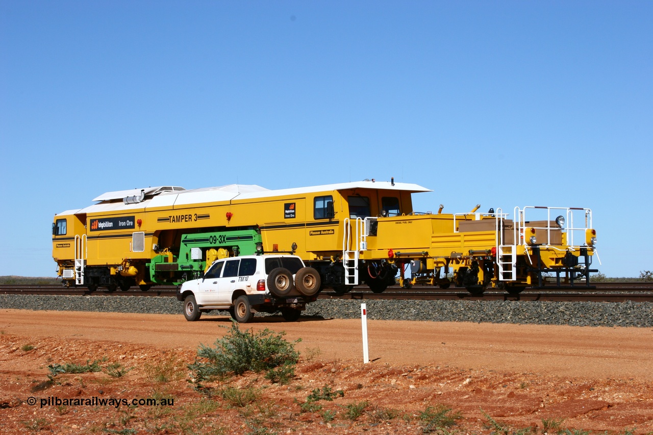 050625 3600
Mooka North, BHP's new Tamper 3 track machine a Plasser Australia 09-3X model serial M480 with support road vehicle TM 10. 25th June 2005.
Keywords: Tamper3;Plasser-Australia;09-3X;M480;track-machine;