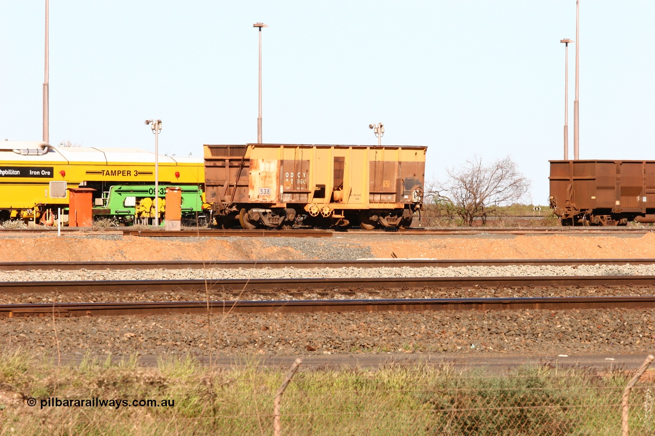 050801 4720
Nelson Point yard, ballast plough waggon 538, modified by the Mt Newman workshops from an Magor USA built Oroville Dam ore waggon and originally coded ODCX 82160 which is still visible. 1st August 2005.
Keywords: 538;Mt-Newman-Mining-WS;ODCX-82160;track-machine;