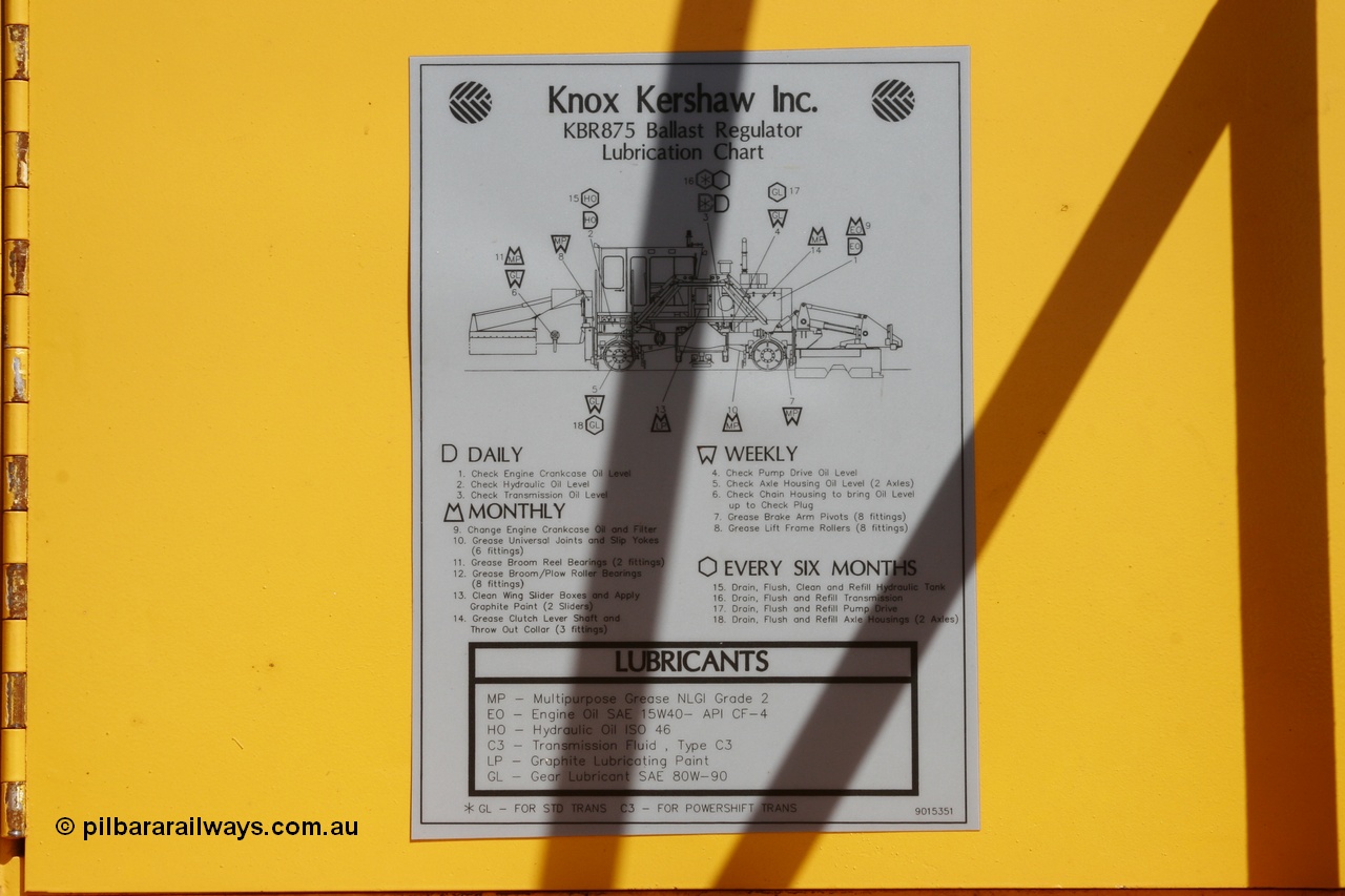 051001 5680
Flash Butt yard, lube chart of a newly delivered Knox Kershaw KBR 875 ballast regulator serial 015-875-05. 1st October 2005.
Keywords: Knox-Kershaw;KBR-875;track-machine;