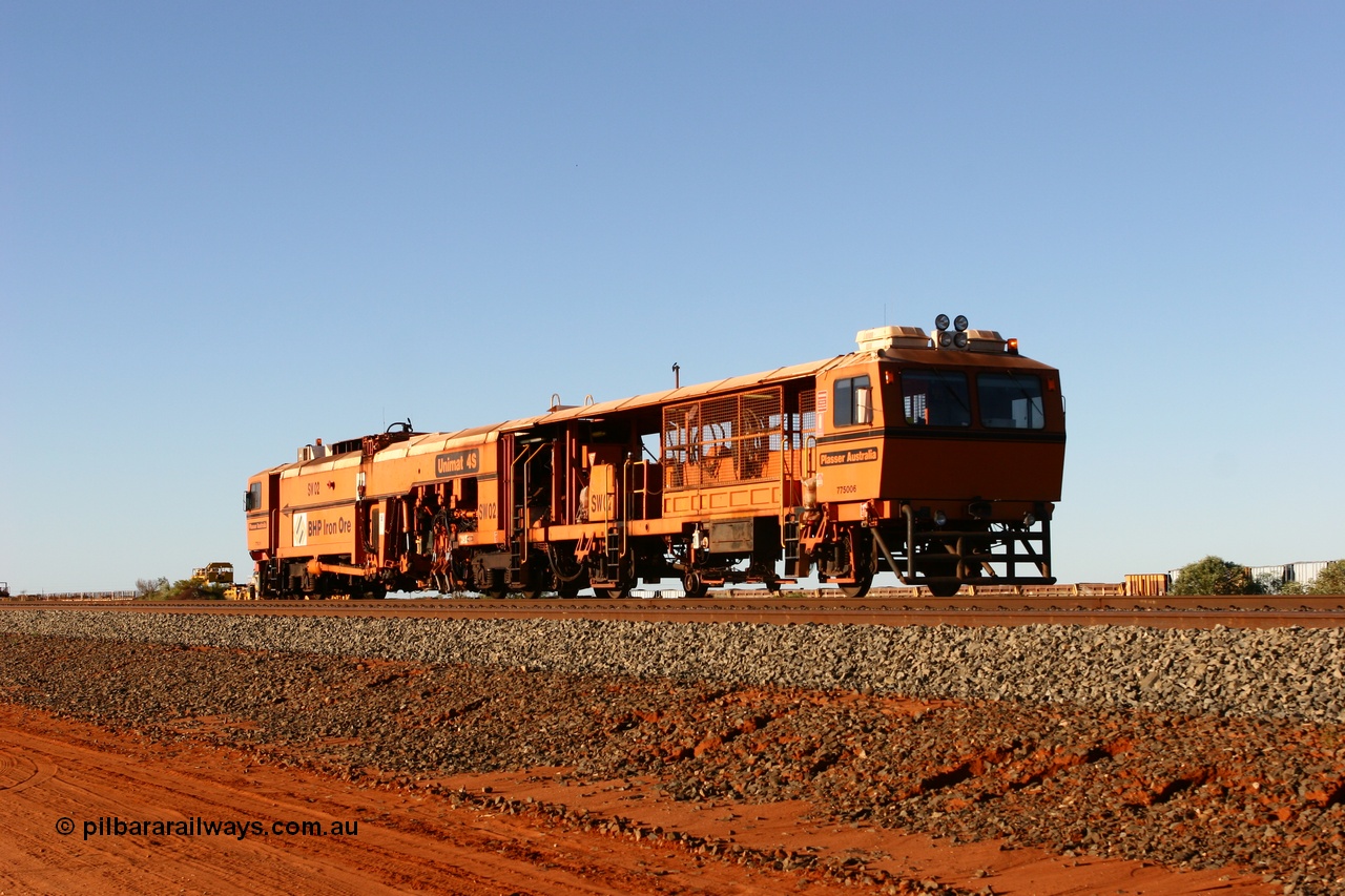 060429 3772
Bing Siding, switch tamper SW 02 hurries into Nelson Point, a Plasser Australia Unimat S4 model. 29th April 2006.
Keywords: SW02;Plasser-Australia;Unimat-4S;track-machine;
