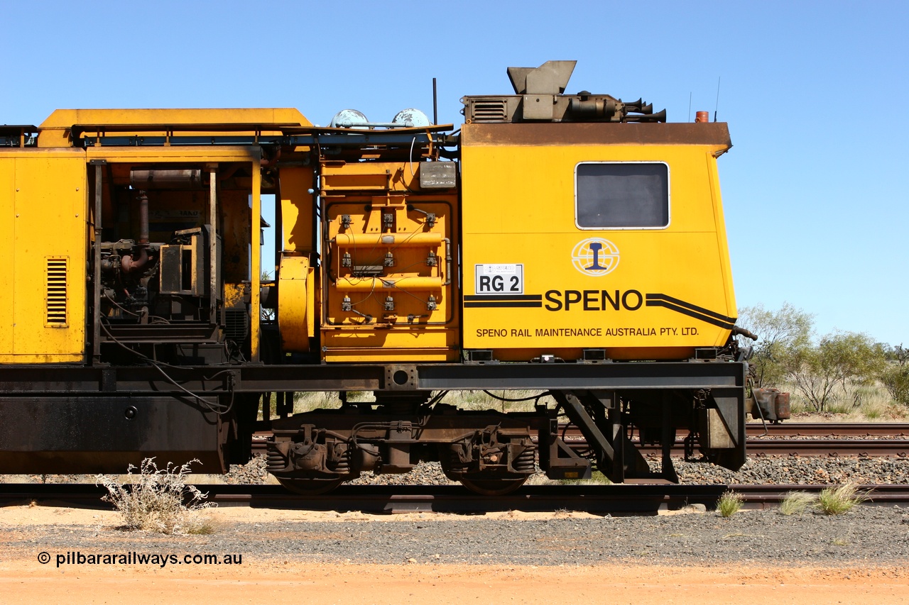 060501 3904
Abydos Siding backtrack, Speno rail grinder RG 2, possibly an RR24 model grinder with 24 grinding wheels view of generator module driving cab. 1st May 2006.
Keywords: RG2;Speno;RR24;track-machine;