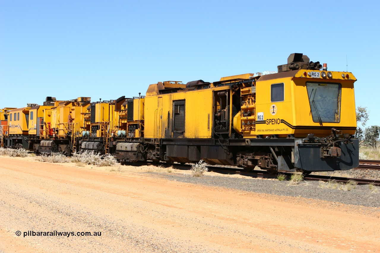 060501 3907
Abydos Siding backtrack, Speno rail grinder RG 2, possibly an RR24 model grinder with 24 grinding wheels view of generator module with driving cab then the three grinding modules. 1st May 2006.
Keywords: RG2;Speno;RR24;track-machine;
