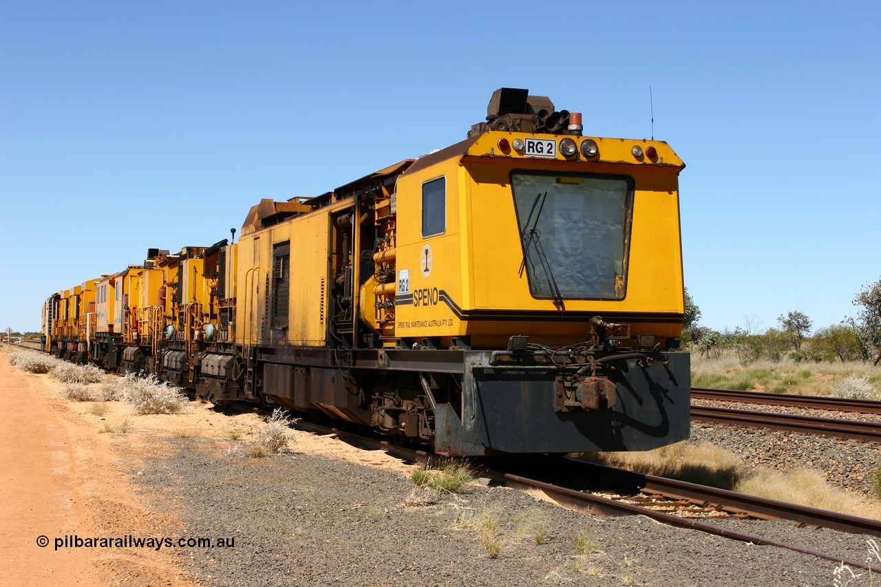 060501 3908
Abydos Siding backtrack, Speno rail grinders RG 2 coupled to RG 1. 1st May 2006.
Keywords: RG2;Speno;RR24;track-machine;