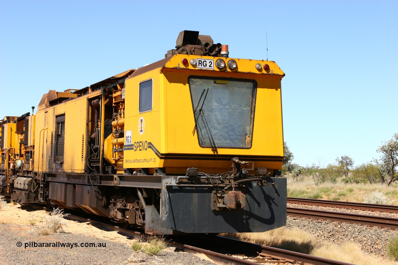 060501 3909
Abydos Siding backtrack, Speno rail grinder RG 2, possibly an RR24 model grinder with 24 grinding wheels view of generator module driving cab. 1st May 2006.
Keywords: RG2;Speno;RR24;track-machine;