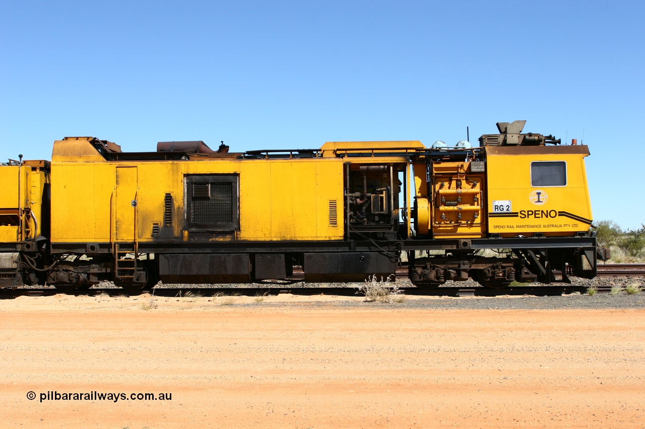 060501 3910
Abydos Siding backtrack, Speno rail grinder RG 2, possibly an RR24 model grinder with 24 grinding wheels view of generator module driving cab. 1st May 2006.
Keywords: RG2;Speno;RR24;track-machine;