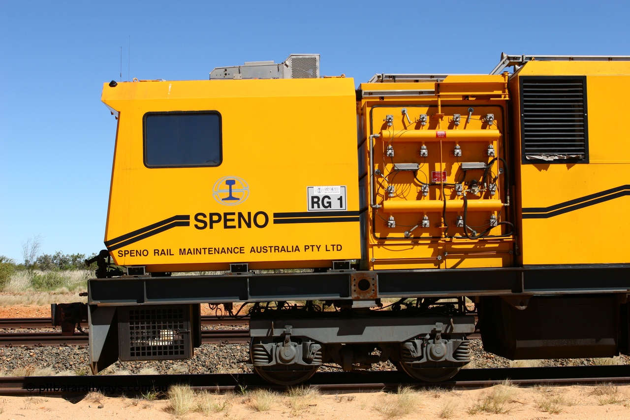 060501 3925
Abydos Siding backtrack, Speno rail grinder RG 1, a RR24 model grinder with 24 grinding wheels, serial M20, generating set and second driving cab module, cab side view. 1st May 2006.
Keywords: RG1;Speno;RR24;M20;track-machine;
