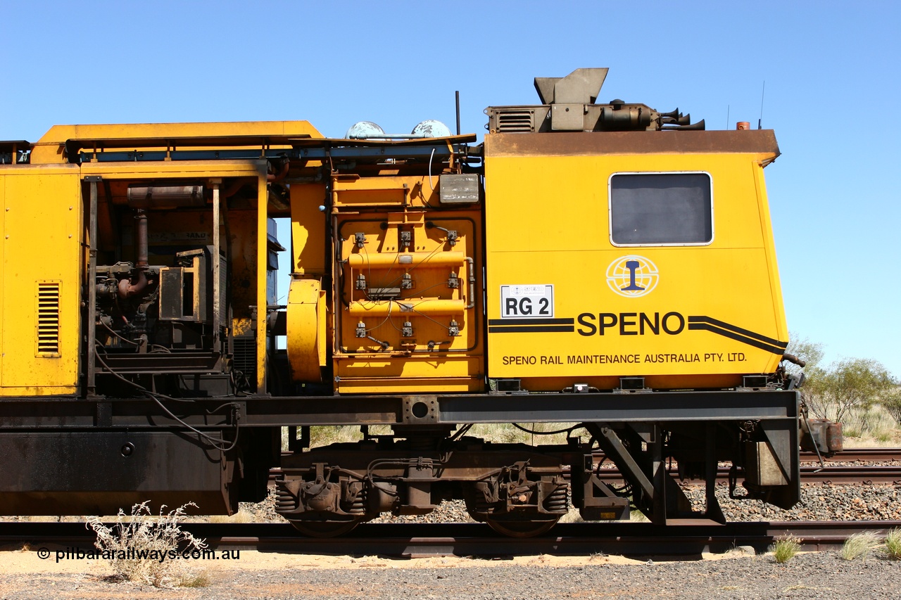 060501 3929
Abydos Siding backtrack, Speno rail grinder RG 2, possibly an RR24 model grinder with 24 grinding wheels view of generator module driving cab. 1st May 2006.
Keywords: RG2;Speno;RR24;track-machine;