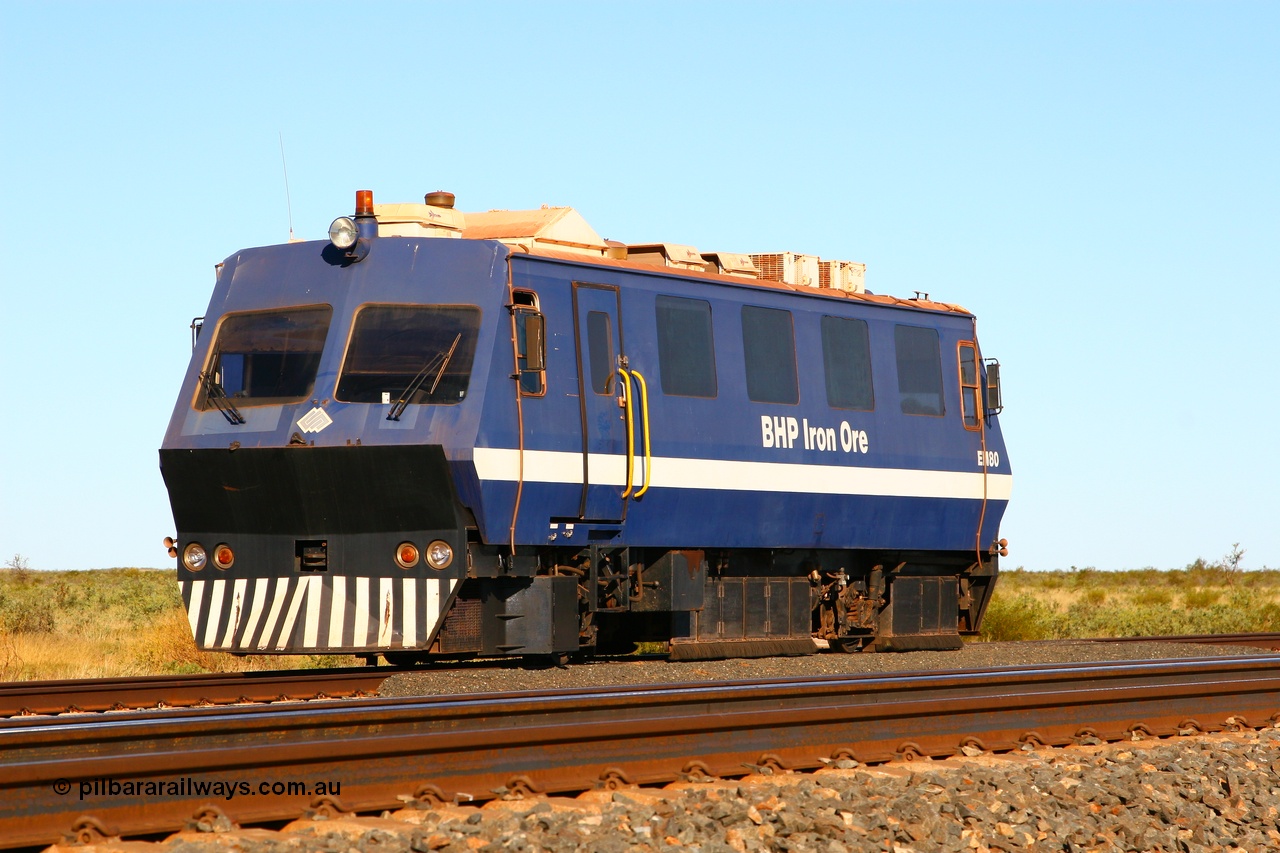 070622 0222
Mooka in the back track siding, BHP Iron Ore's track recording vehicle, EM80 which is a Plasser & Theurer EM-80 model and still wearing the old BHP blue and white livery, this unit was delivered in Mt Newman Mining orange and white.
Keywords: EM80;Plasser-&-Theurer;track-machine;