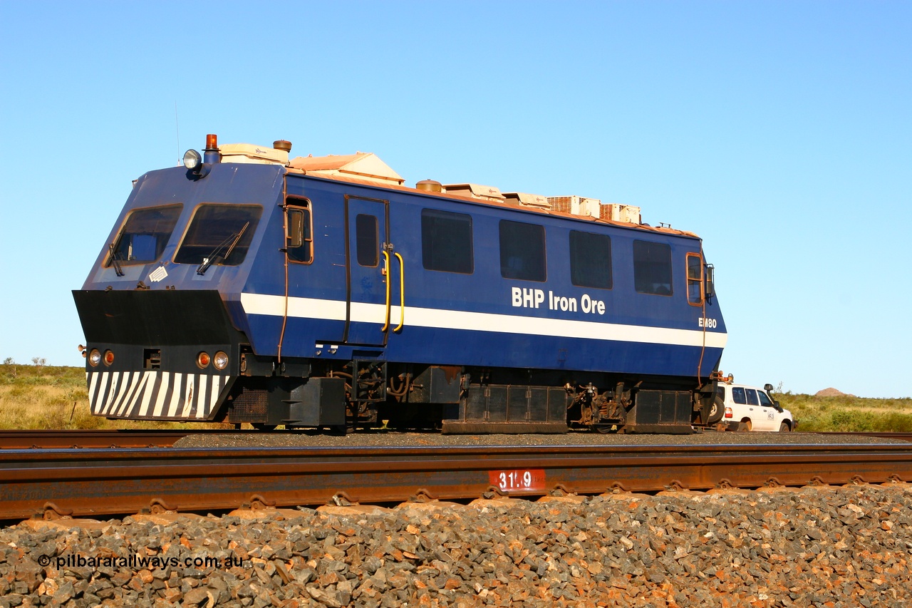 070622 0223
Mooka in the back track siding, BHP Iron Ore's track recording vehicle, EM80 which is a Plasser & Theurer EM-80 model and still wearing the old BHP blue and white livery, this unit was delivered in Mt Newman Mining orange and white.
Keywords: EM80;Plasser-&-Theurer;track-machine;