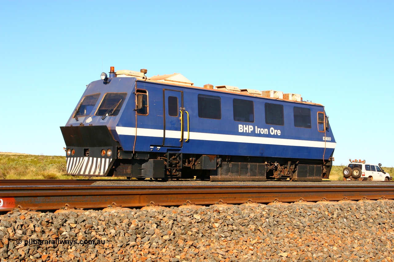070622 0224
Mooka in the back track siding, BHP Iron Ore's track recording vehicle, EM80 which is a Plasser & Theurer EM-80 model and still wearing the old BHP blue and white livery, this unit was delivered in Mt Newman Mining orange and white.
Keywords: EM80;Plasser-&-Theurer;track-machine;
