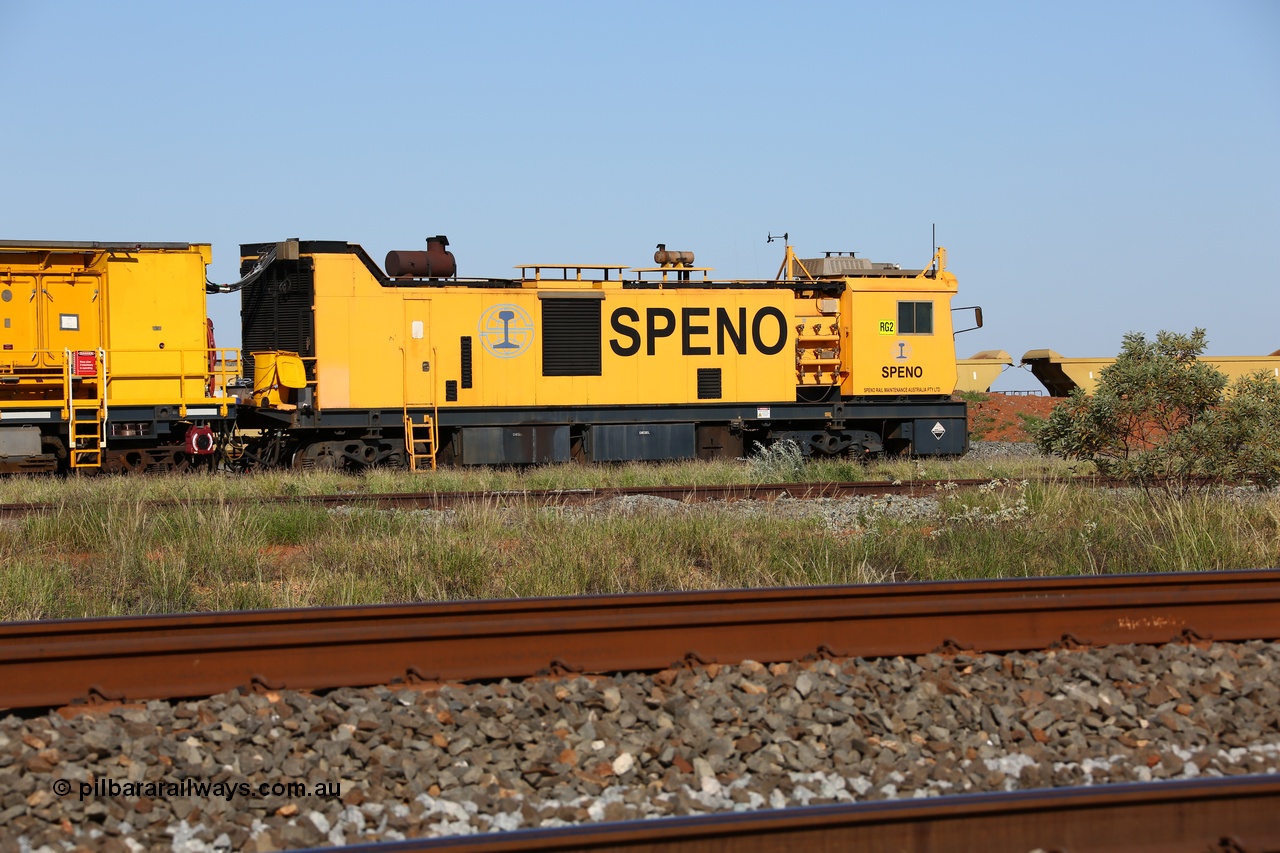 150619 9088
Flash Butt yard, Speno owned and operated rail grinder RG2 for BHP, power and driving cab unit.
Keywords: RG2;Speno;track-machine;