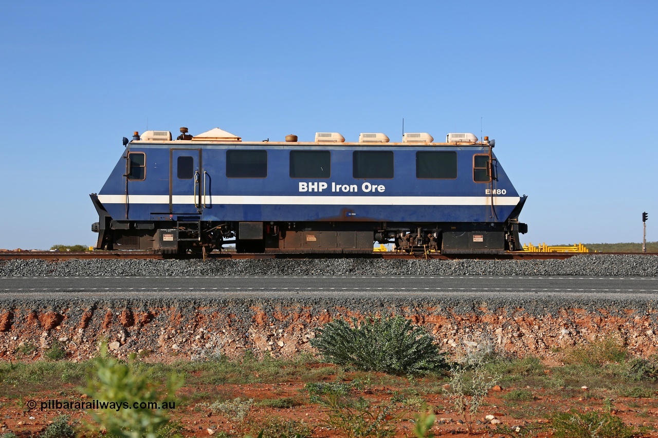 150619 9145
Mooka, BHP Iron Ore's track recording vehicle, EM80 which is a Plasser & Theurer EM-80 model and still wearing the old BHP blue and white livery, this unit was delivered in Mt Newman Mining orange and white, Mermec fitted a Tecnogamma system as part of a refurbishment.
Keywords: EM80;Plasser-&-Theurer;track-machine;
