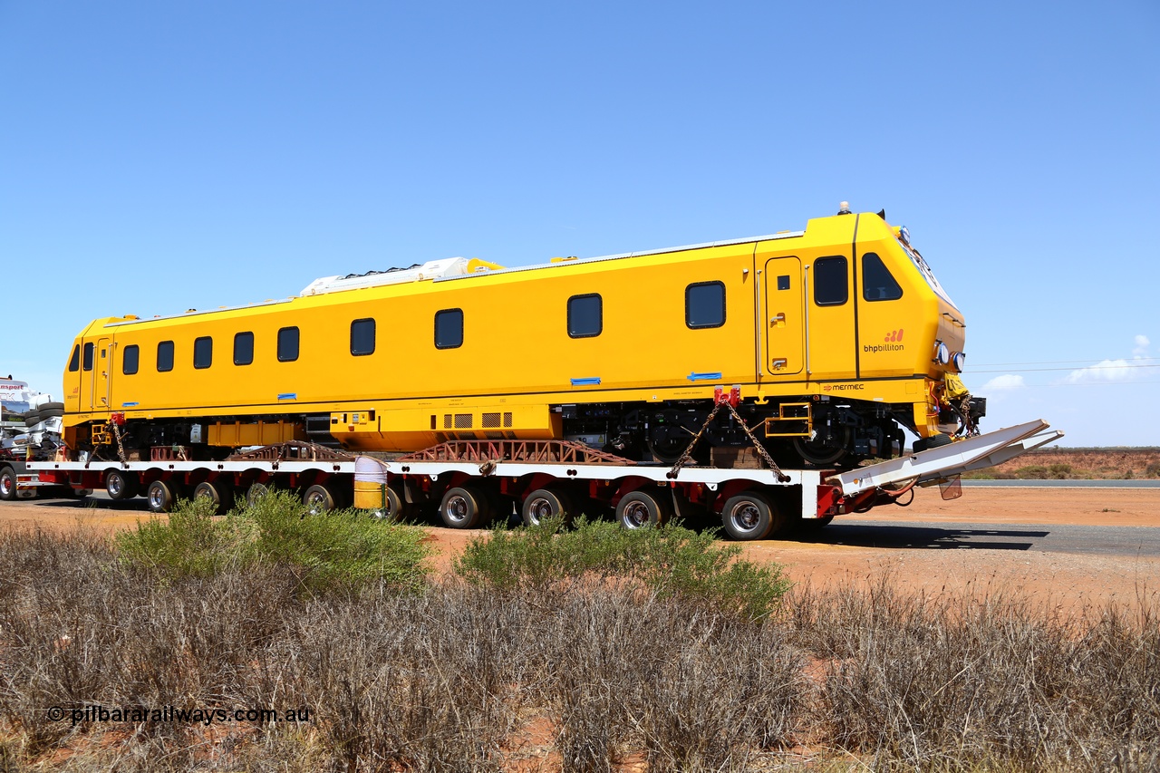 151206 9650
Boodarie, parked up in a parking bay just out of town on a Sunday awaiting delivery on the following day, on a Gavin Transport Drake float, BHP's new track recording vehicle which is a Mermec ROGER 800 imported from Italy. ROGER is an acronym for Rilievo Ottico Geometria Rotaia, Italian for optical rail geometry control.
Keywords: MM800;Mermec-Italy;Roger-800;track-machine;