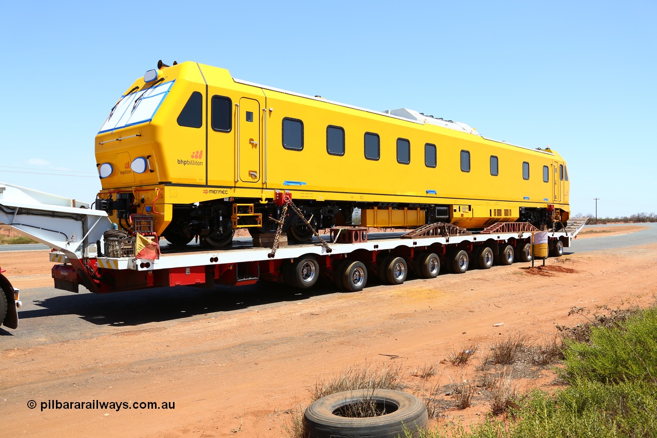 151206 9652
Boodarie, parked up in a parking bay just out of town on a Sunday awaiting delivery on the following day, on a Gavin Transport Drake float, BHP's new track recording vehicle which is a Mermec ROGER 800 imported from Italy. ROGER is an acronym for Rilievo Ottico Geometria Rotaia, Italian for optical rail geometry control.
Keywords: MM800;Mermec-Italy;Roger-800;track-machine;