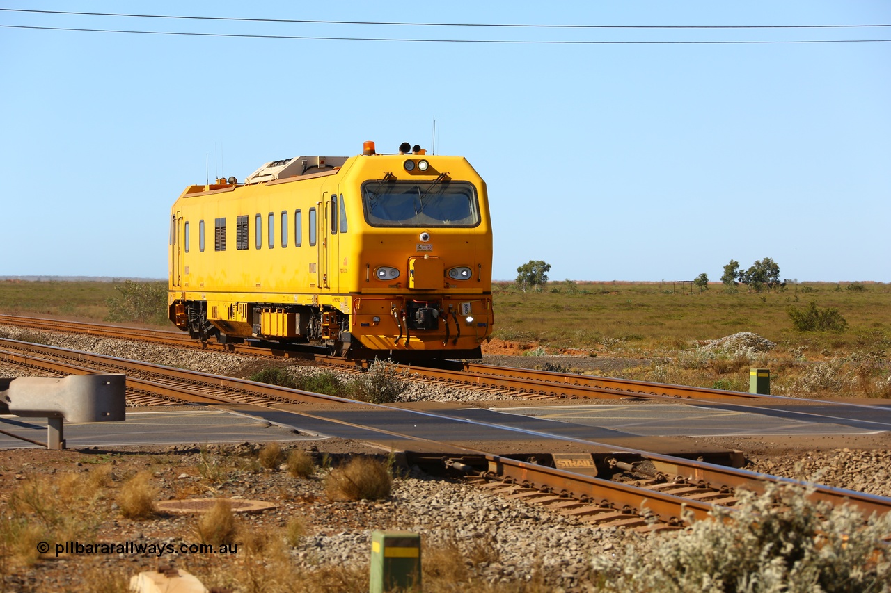 190911 4749
Port Hedland, Broome Rd crossing, BHP's MM 800 track recording vehicle powers south on a recording run, the MM 800 was built by Mermec in Italy and is a ROGER 800 model, ROGER is an acronym for Rilievo Ottico Geometria Rotaia, Italian for optical rail geometry control.
Keywords: MM800;Mermec-Italy;Roger-800;track-machine;