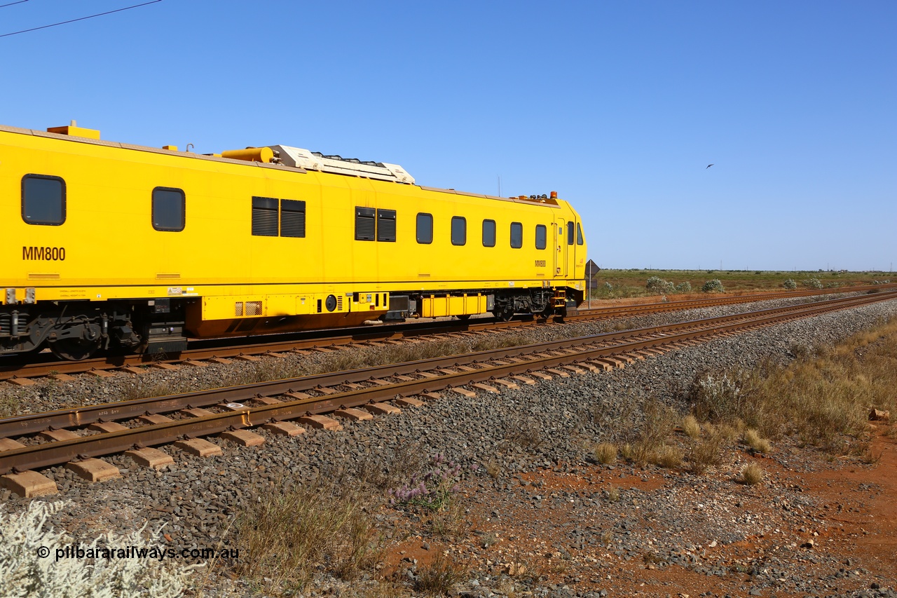 190911 4754
Port Hedland, Broome Rd crossing, BHP's MM 800 track recording vehicle powers south on a recording run, the MM 800 was built by Mermec in Italy and is a ROGER 800 model, ROGER is an acronym for Rilievo Ottico Geometria Rotaia, Italian for optical rail geometry control.
Keywords: MM800;Mermec-Italy;Roger-800;track-machine;