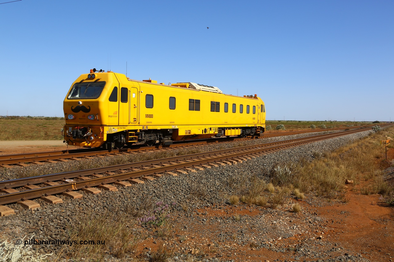 190911 4755
Port Hedland, Broome Rd crossing, BHP's MM 800 track recording vehicle powers south on a recording run, still wearing it's Movember 'mo' as part of a men's health campaign, the MM 800 was built by Mermec in Italy and is a ROGER 800 model, ROGER is an acronym for Rilievo Ottico Geometria Rotaia, Italian for optical rail geometry control.
Keywords: MM800;Mermec-Italy;Roger-800;track-machine;