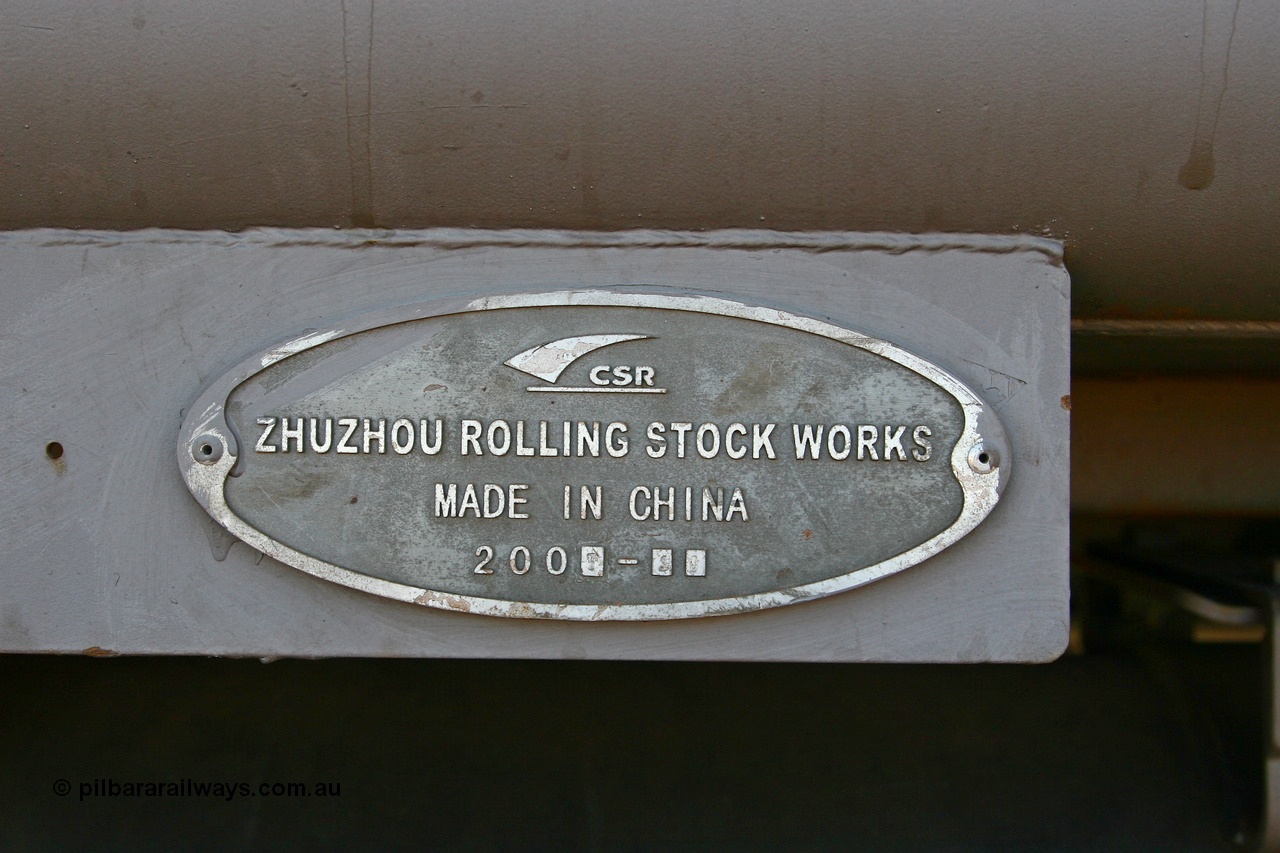 080116 1383
Chapman Siding, builders plate on FMG waggon 2396, CSR Zhuzhou Rolling Stock Works, year of 2007 and month 10 for October.
Keywords: 2396;CSR-Zhuzhou-Rolling-Stock-Works-China;FMG-ore-waggon;